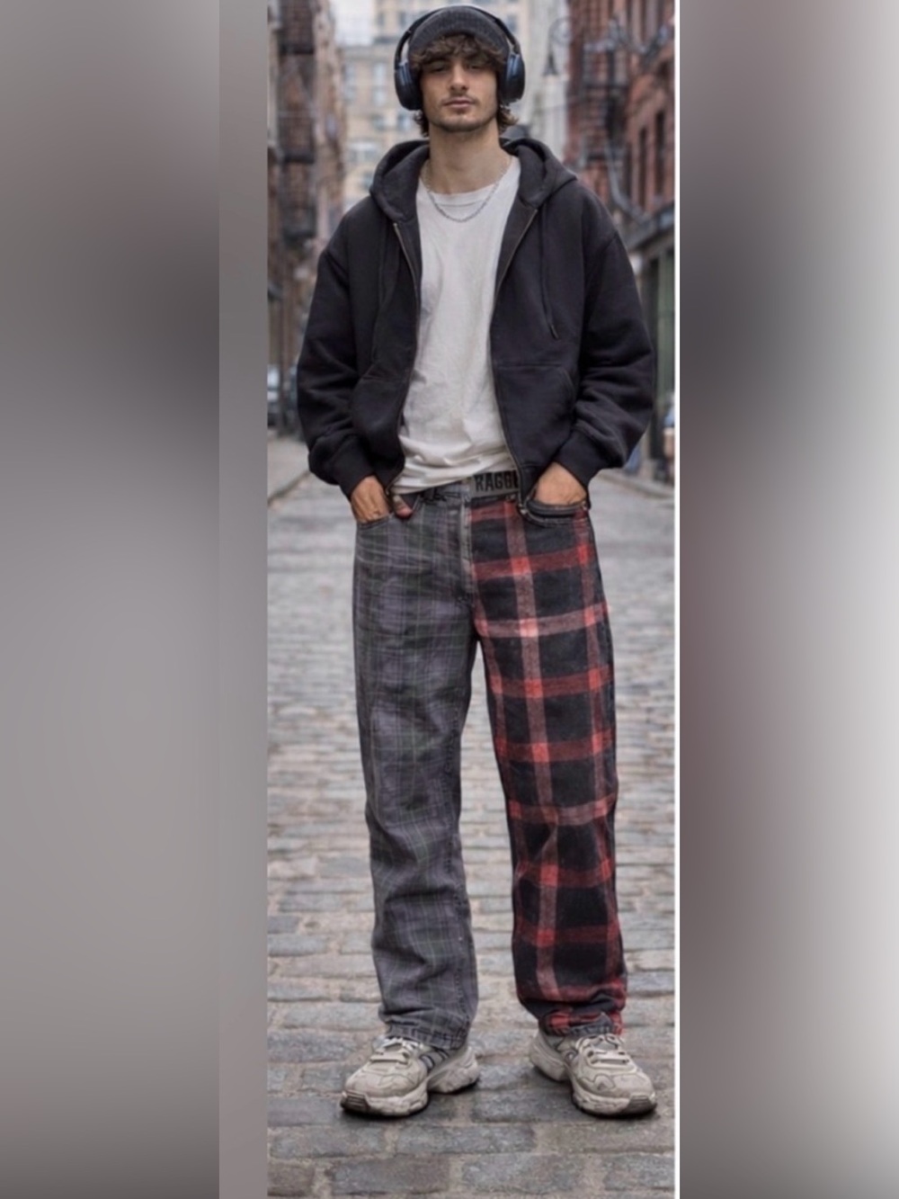 Ragged Patchwork Plaid Jeans Grunge Punk Streetwear Men’s 28